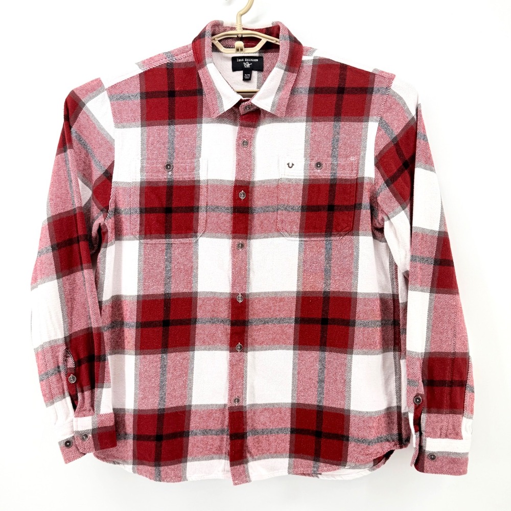 True Religion Flannel Shirt Mens XL Red White Plaid Good Long Sleeve Button Down - Picture 2 of 10